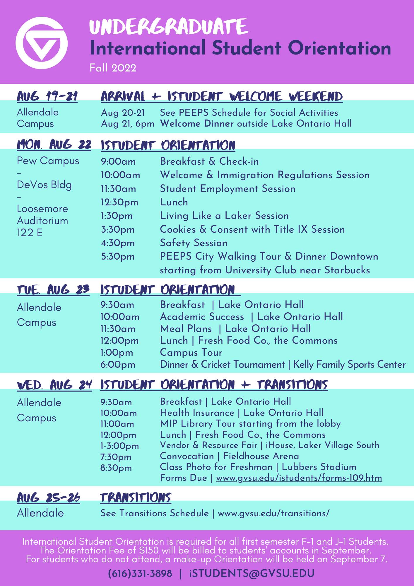 Detailed undergraduate orientation schedule. Click for PDF